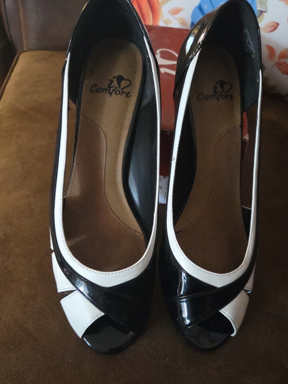 Comfort Two-Tone Black & White Peep-Toe Heels